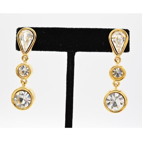 Givenchy Vintage Crystal Dangle Earrings Rhinestone Gold Tone Signed 1980s BinAG - Picture 1 of 12